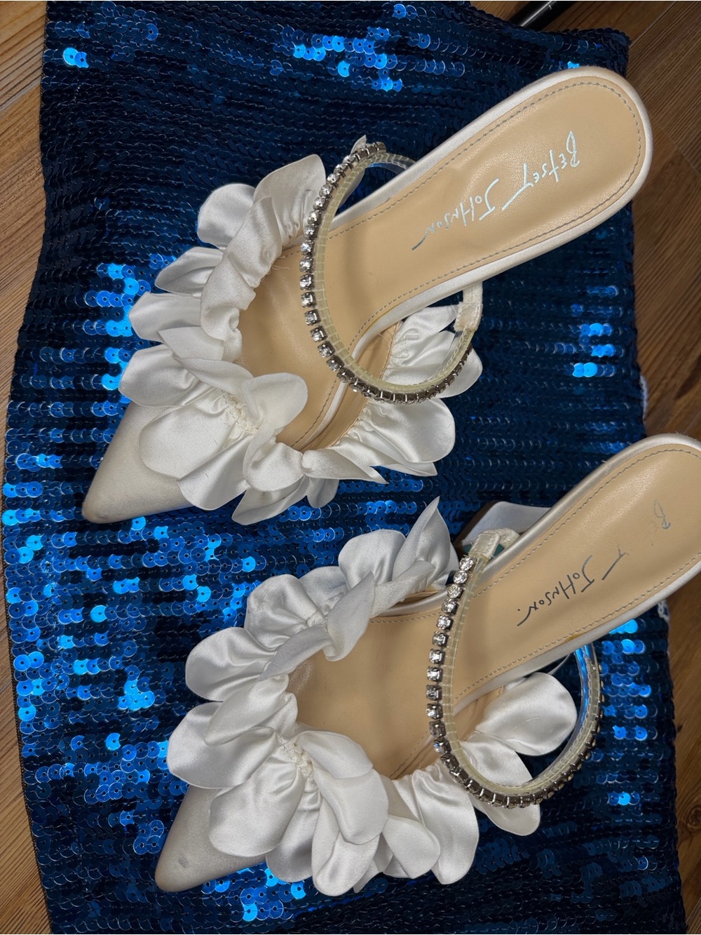 Beautiful Betsey Johnson White Satin Ruffle Mules with Rhinestone Straps